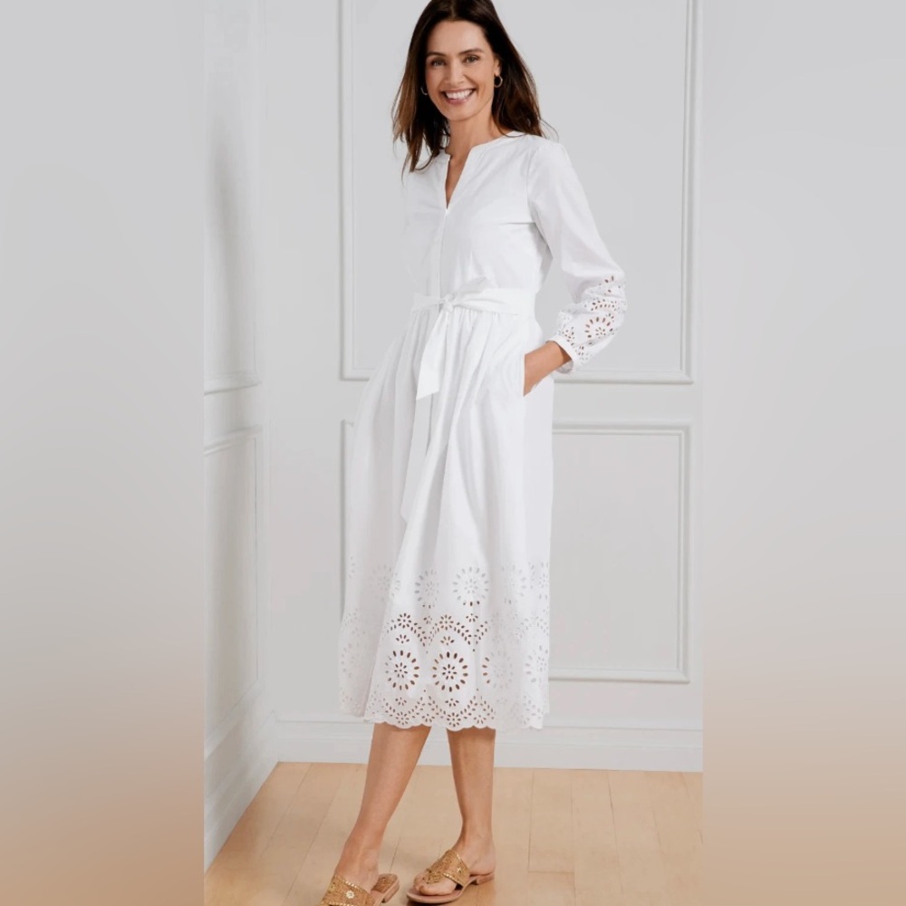 Talbots White Eyelet Midi Fit & Flare Shirtdress Dress Size 8 NWT